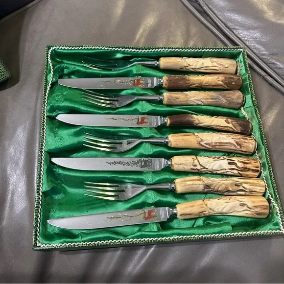 💥SOLD💥 Anton Wingen Solingen Germany Carved Antler 8pc Knife Fork Set Flatware - Picture 5 of 13
